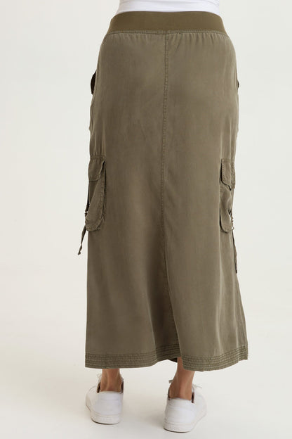 Kimbo Tencel Twill Adjustable Cargo Pull-On Waist Maxi Skirt English Moss - XCVI