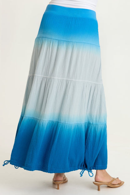 Hewson 100% Cotton Gauze Cinchable Bubble Hem Tiered Pull-On Skirt Motley Ombre Kismet - XCVI