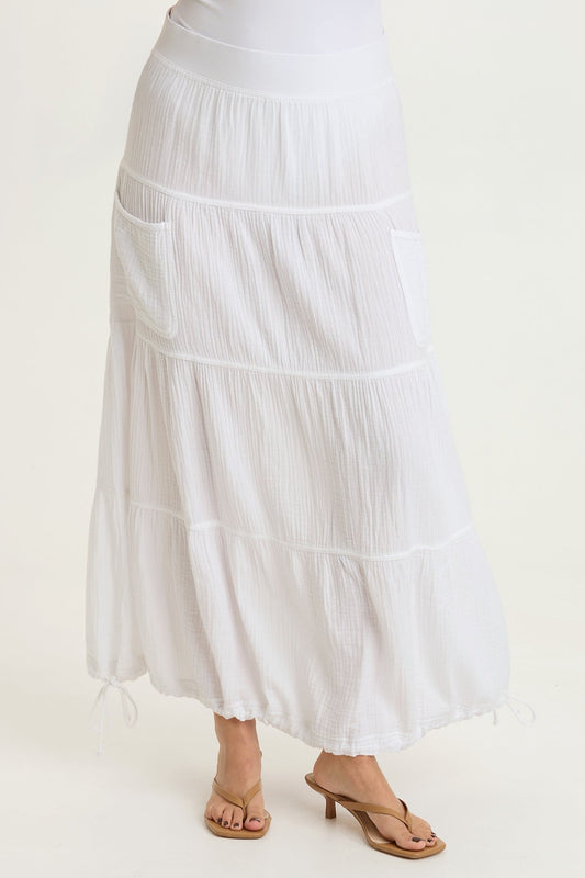 Hewson 100% Cotton Gauze Cinchable Bubble Hem Tiered Pull-On Skirt White - XCVI