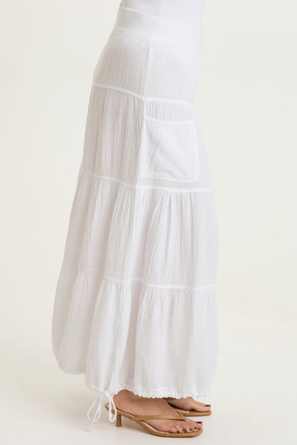 Hewson 100% Cotton Gauze Cinchable Bubble Hem Tiered Pull-On Skirt White - XCVI