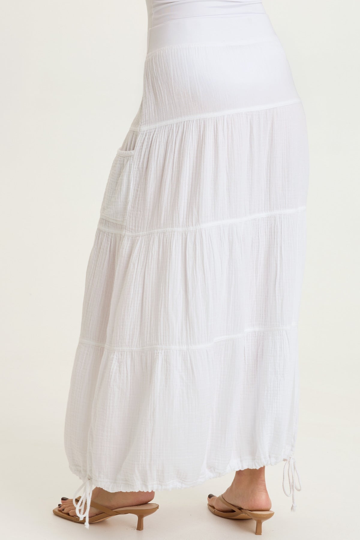 Hewson 100% Cotton Gauze Cinchable Bubble Hem Tiered Pull-On Skirt White - XCVI