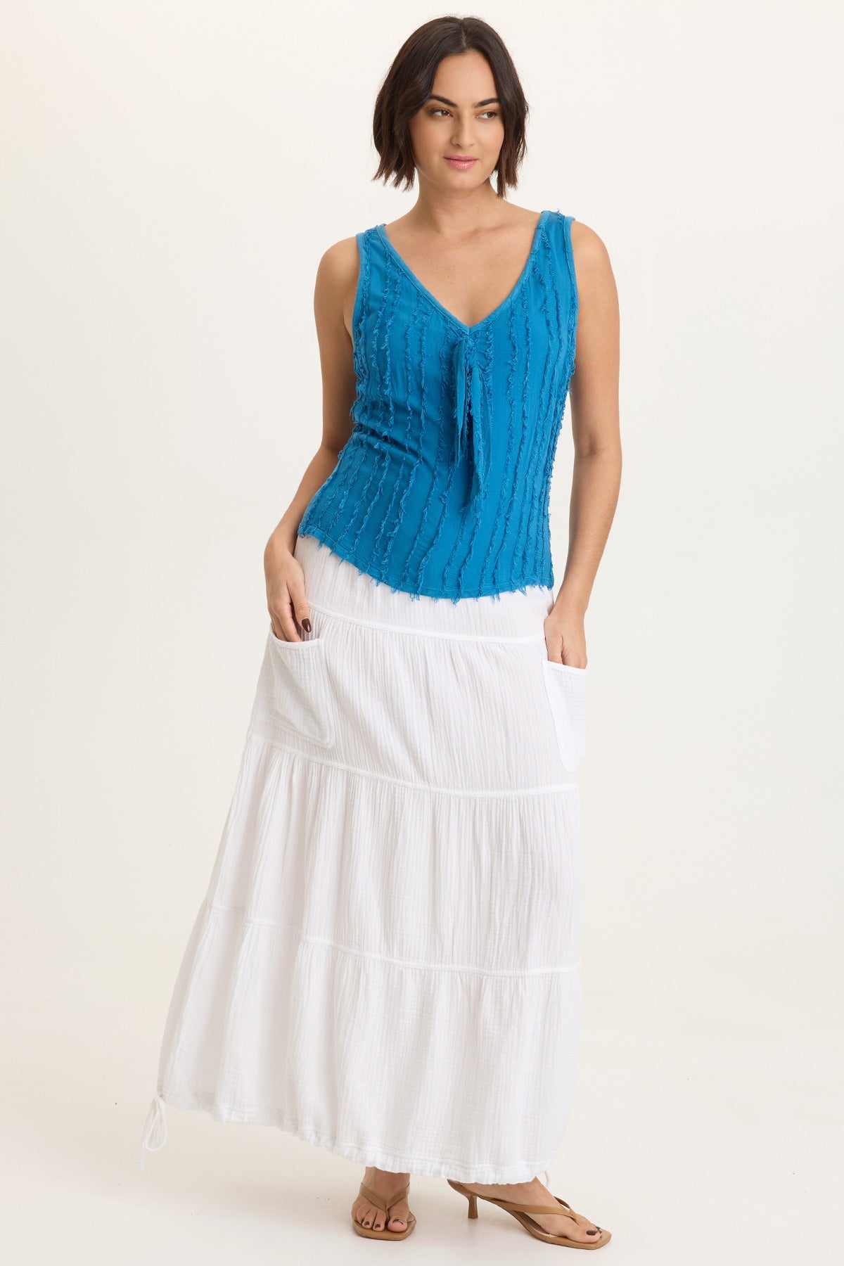 Hewson 100% Cotton Gauze Cinchable Bubble Hem Tiered Pull-On Skirt White - XCVI
