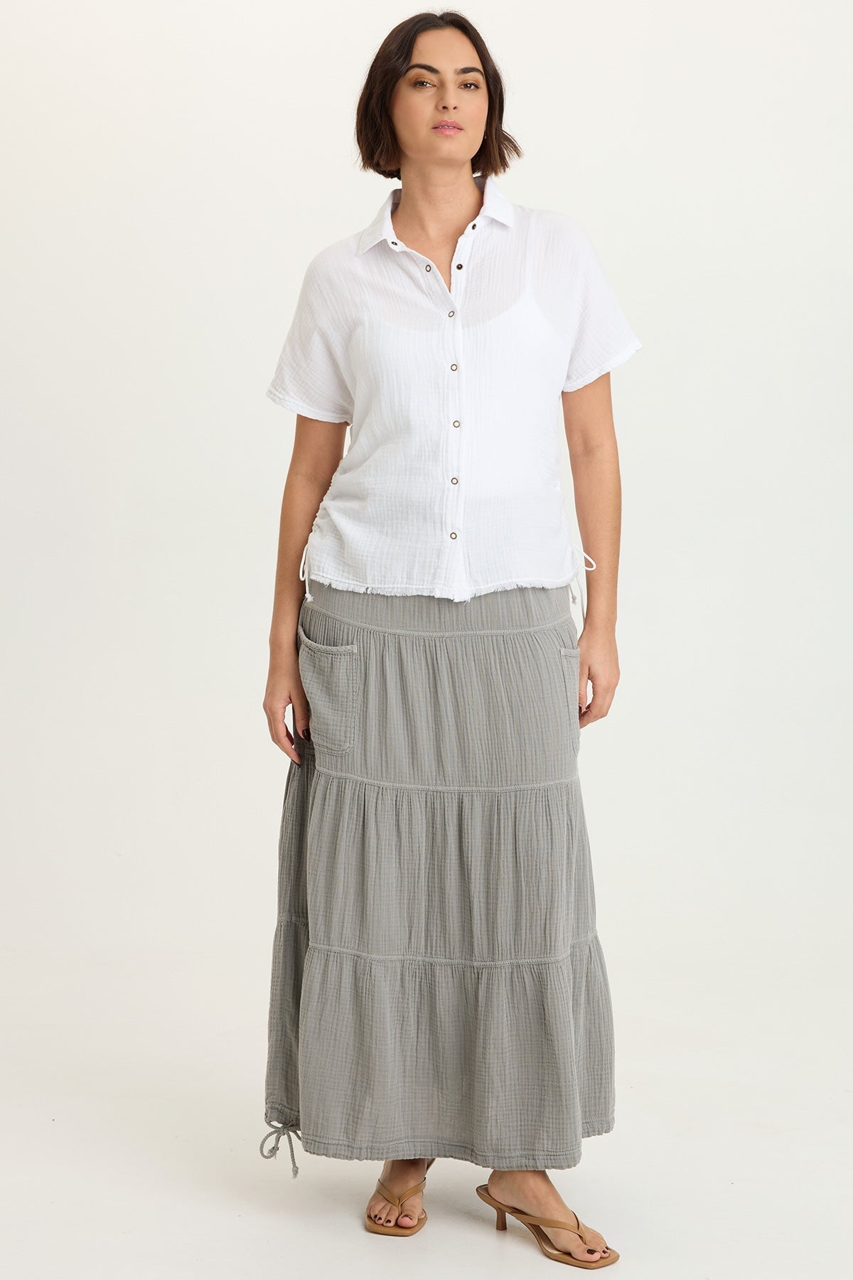 Hewson 100% Cotton Gauze Cinchable Bubble Hem Tiered Pull-On Skirt Masterpiece Pigment - XCVI