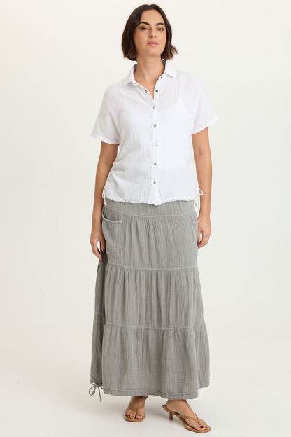 Hewson 100% Cotton Gauze Cinchable Bubble Hem Tiered Pull-On Skirt Masterpiece Pigment - XCVI