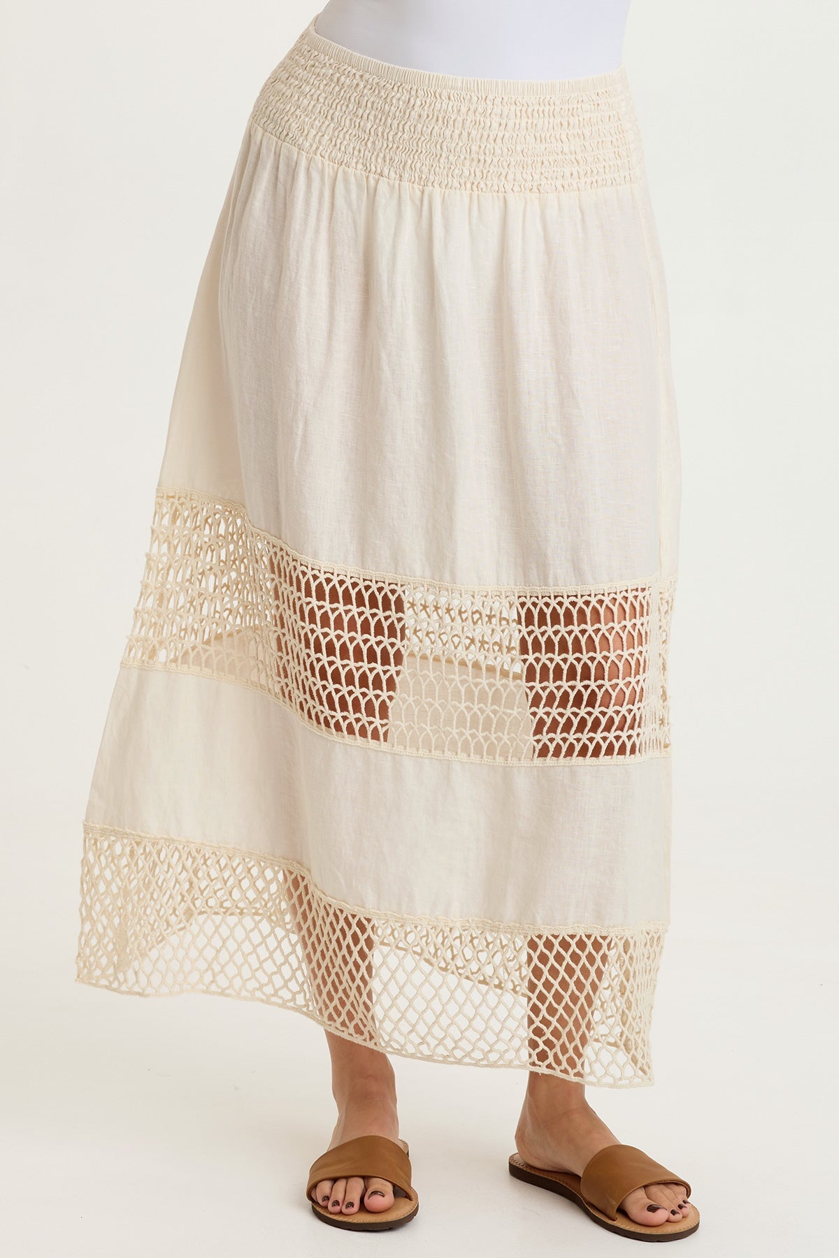Fola 100% Linen Crochet Tiered Smocked Pull-On Waist Long Skirt Toasted Almond - XCVI