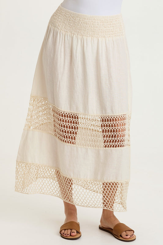 Fola 100% Linen Crochet Tiered Smocked Pull-On Waist Long Skirt Toasted Almond - XCVI