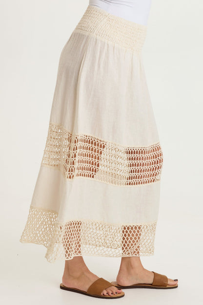 Fola 100% Linen Crochet Tiered Smocked Pull-On Waist Long Skirt Toasted Almond - XCVI