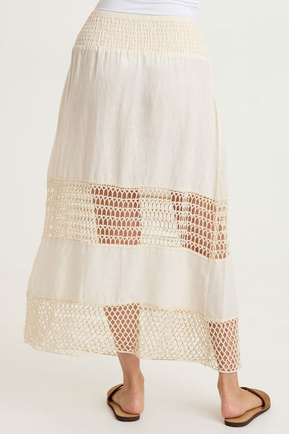 Fola 100% Linen Crochet Tiered Smocked Pull-On Waist Long Skirt Toasted Almond - XCVI