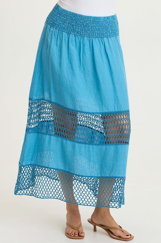 Fola 100% Linen Crochet Tiered Smocked Pull-On Waist Long Skirt Aztec Sky Pigment - XCVI