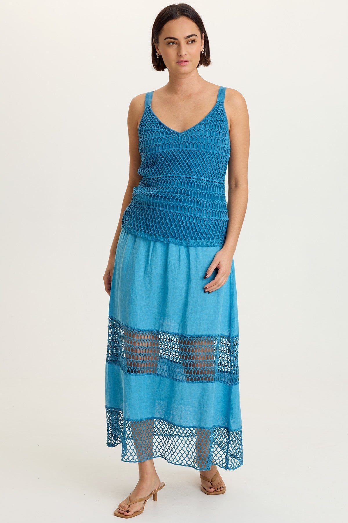 Fola 100% Linen Crochet Tiered Smocked Pull-On Waist Long Skirt Aztec Sky Pigment - XCVI