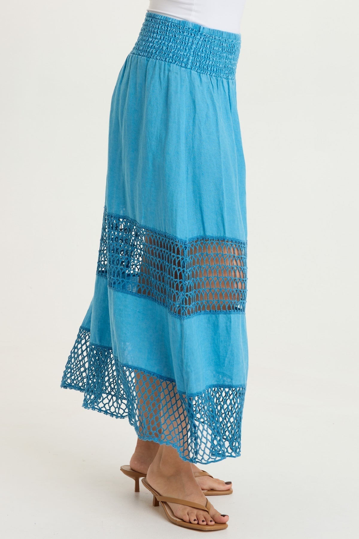 Fola 100% Linen Crochet Tiered Smocked Pull-On Waist Long Skirt Aztec Sky Pigment - XCVI