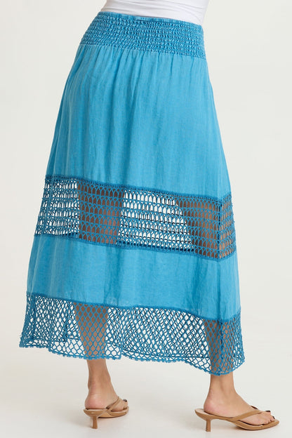 Fola 100% Linen Crochet Tiered Smocked Pull-On Waist Long Skirt Aztec Sky Pigment - XCVI