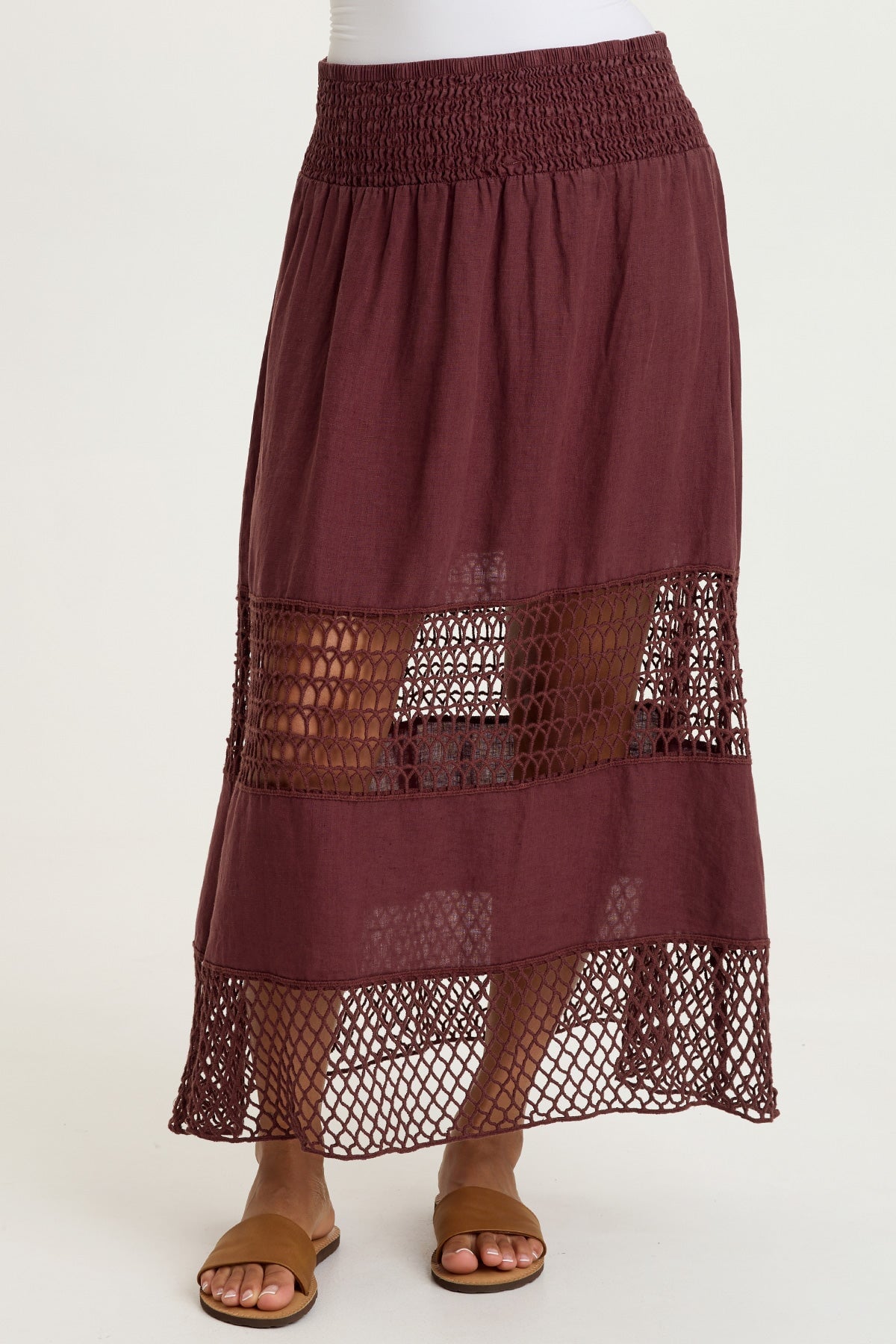 Fola 100% Linen Crochet Tiered Smocked Pull-On Waist Long Skirt Briar Wood - XCVI