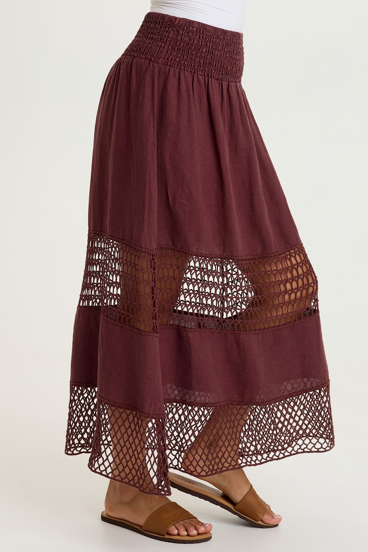 Fola 100% Linen Crochet Tiered Smocked Pull-On Waist Long Skirt Briar Wood - XCVI