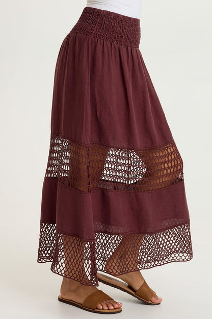 Fola 100% Linen Crochet Tiered Smocked Pull-On Waist Long Skirt Briar Wood - XCVI