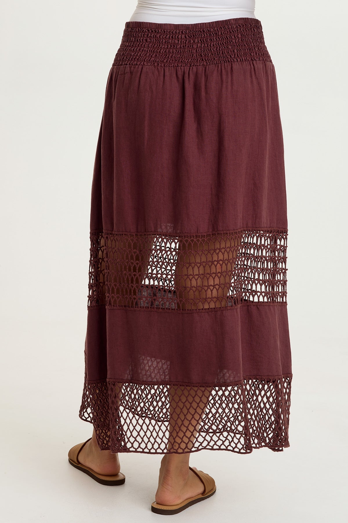 Fola 100% Linen Crochet Tiered Smocked Pull-On Waist Long Skirt Briar Wood - XCVI