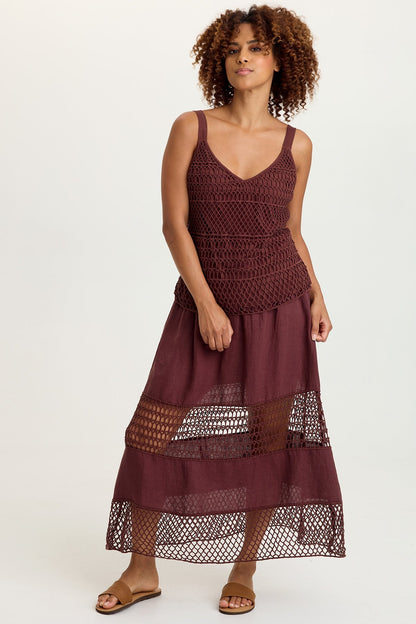 Fola 100% Linen Crochet Tiered Smocked Pull-On Waist Long Skirt Briar Wood - XCVI