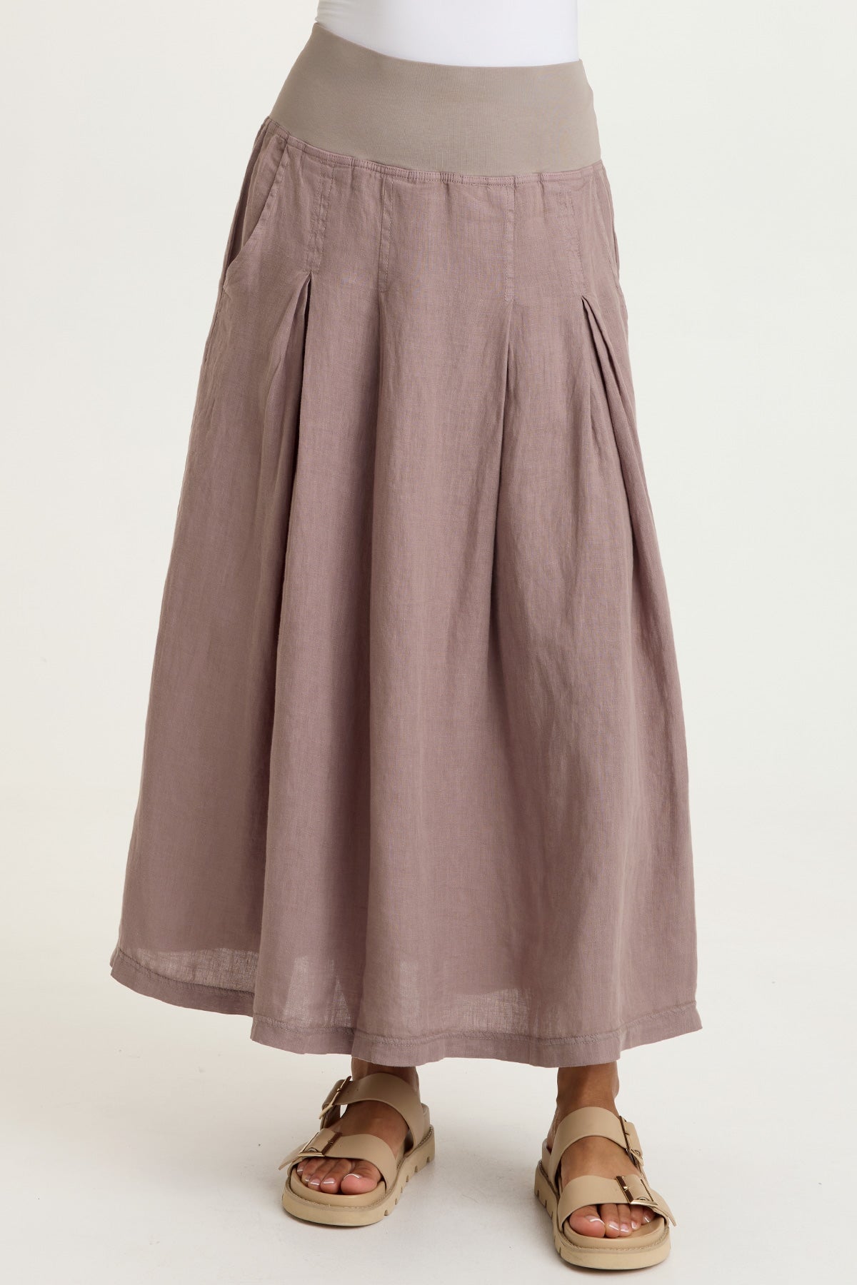 Aderyn 100% Linen Double Pleated Pull-On Waist Long Skirt Velvet Mink - XCVI