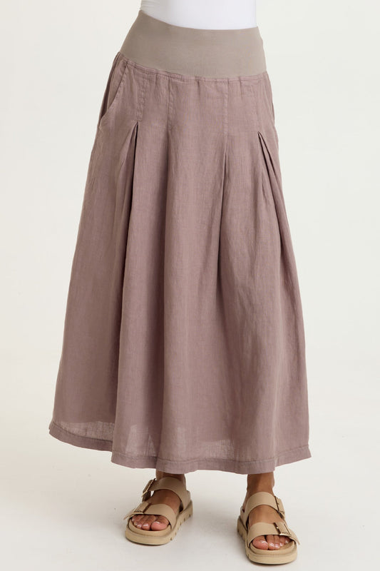 Aderyn 100% Linen Double Pleated Pull-On Waist Long Skirt Velvet Mink - XCVI