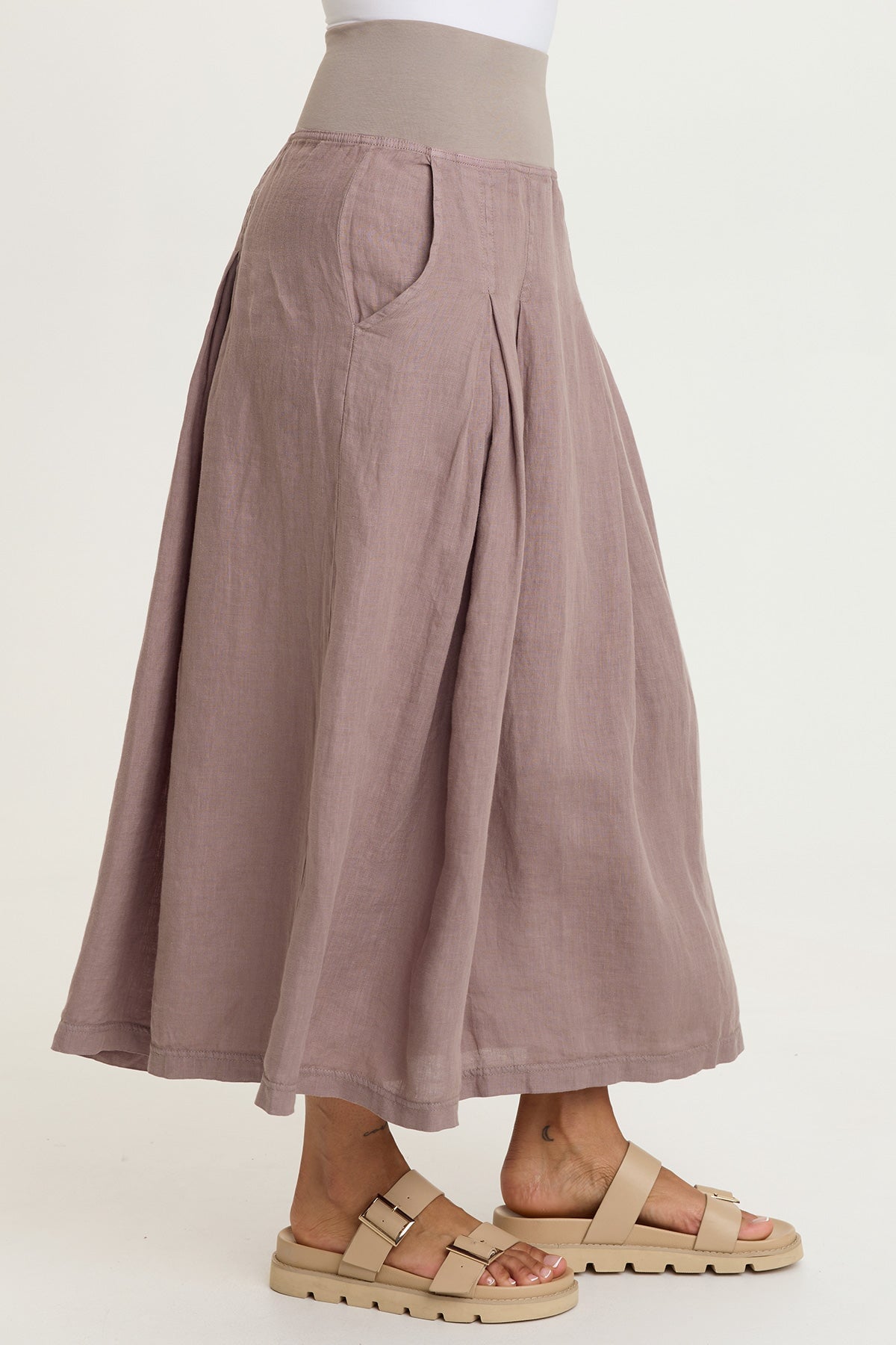 Aderyn 100% Linen Double Pleated Pull-On Waist Long Skirt Velvet Mink - XCVI