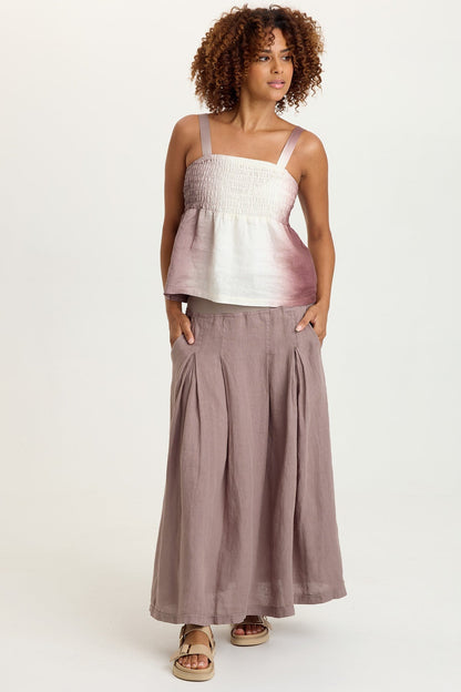 Aderyn 100% Linen Double Pleated Pull-On Waist Long Skirt Velvet Mink - XCVI