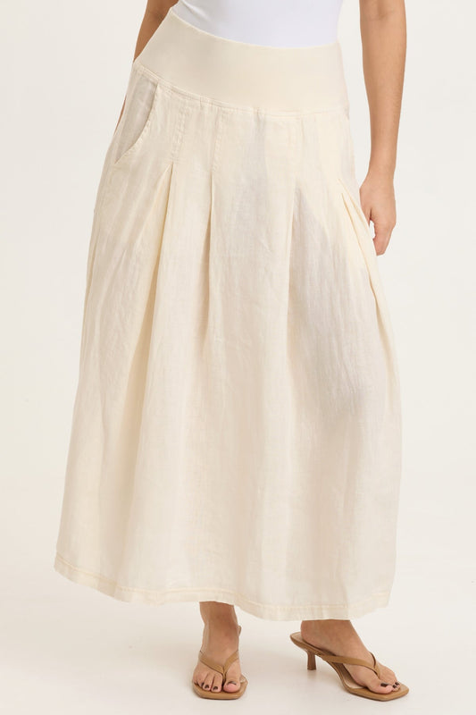 Aderyn 100% Linen Double Pleated Pull-On Waist Long Skirt Toasted Almond - XCVI