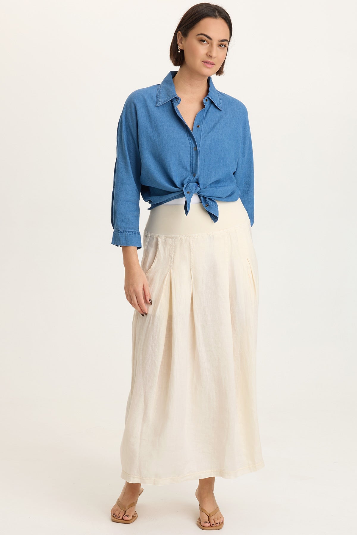 Aderyn 100% Linen Double Pleated Pull-On Waist Long Skirt Toasted Almond - XCVI