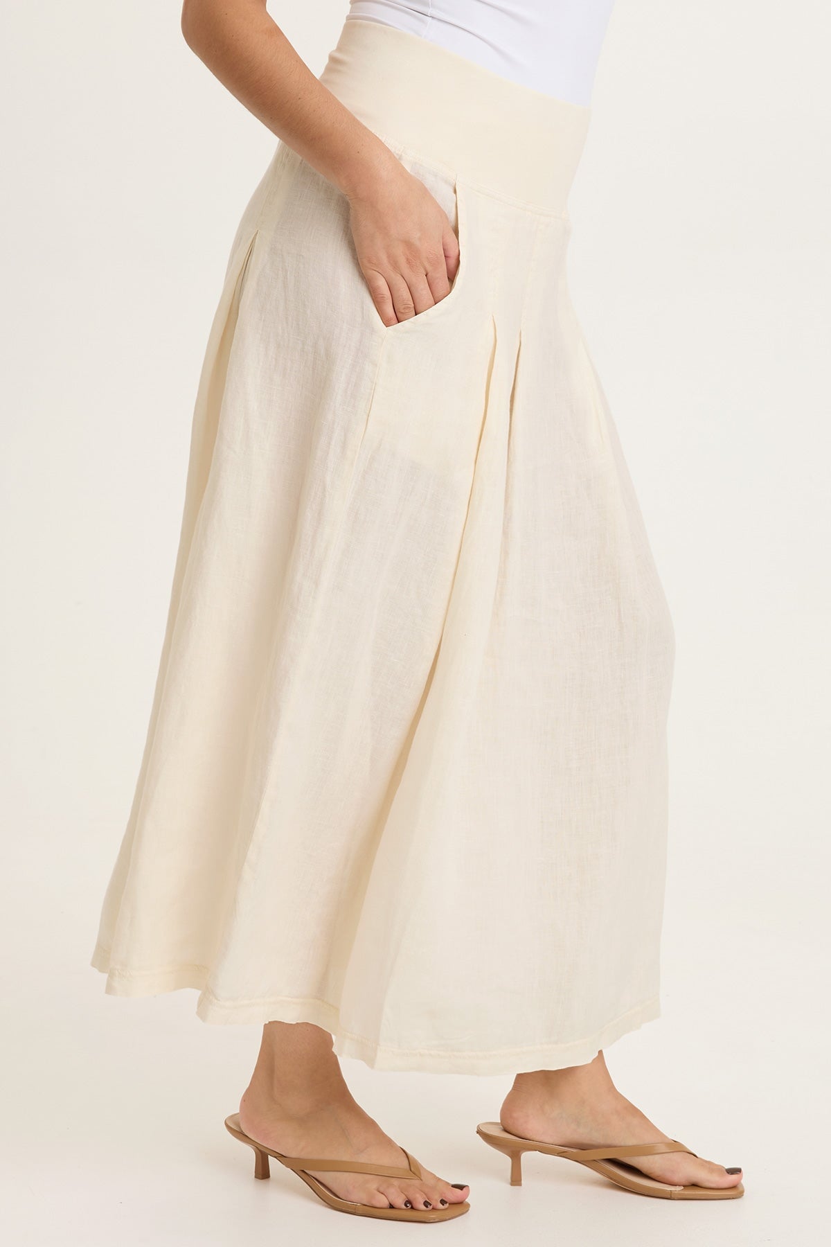 Aderyn 100% Linen Double Pleated Pull-On Waist Long Skirt Toasted Almond - XCVI