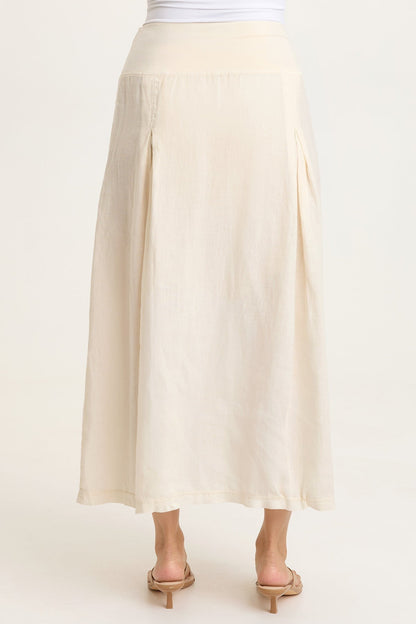 Aderyn 100% Linen Double Pleated Pull-On Waist Long Skirt Toasted Almond - XCVI