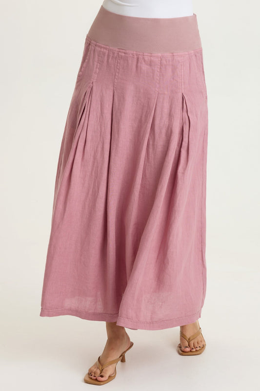 Aderyn 100% Linen Double Pleated Pull-On Waist Long Skirt Svelte - XCVI