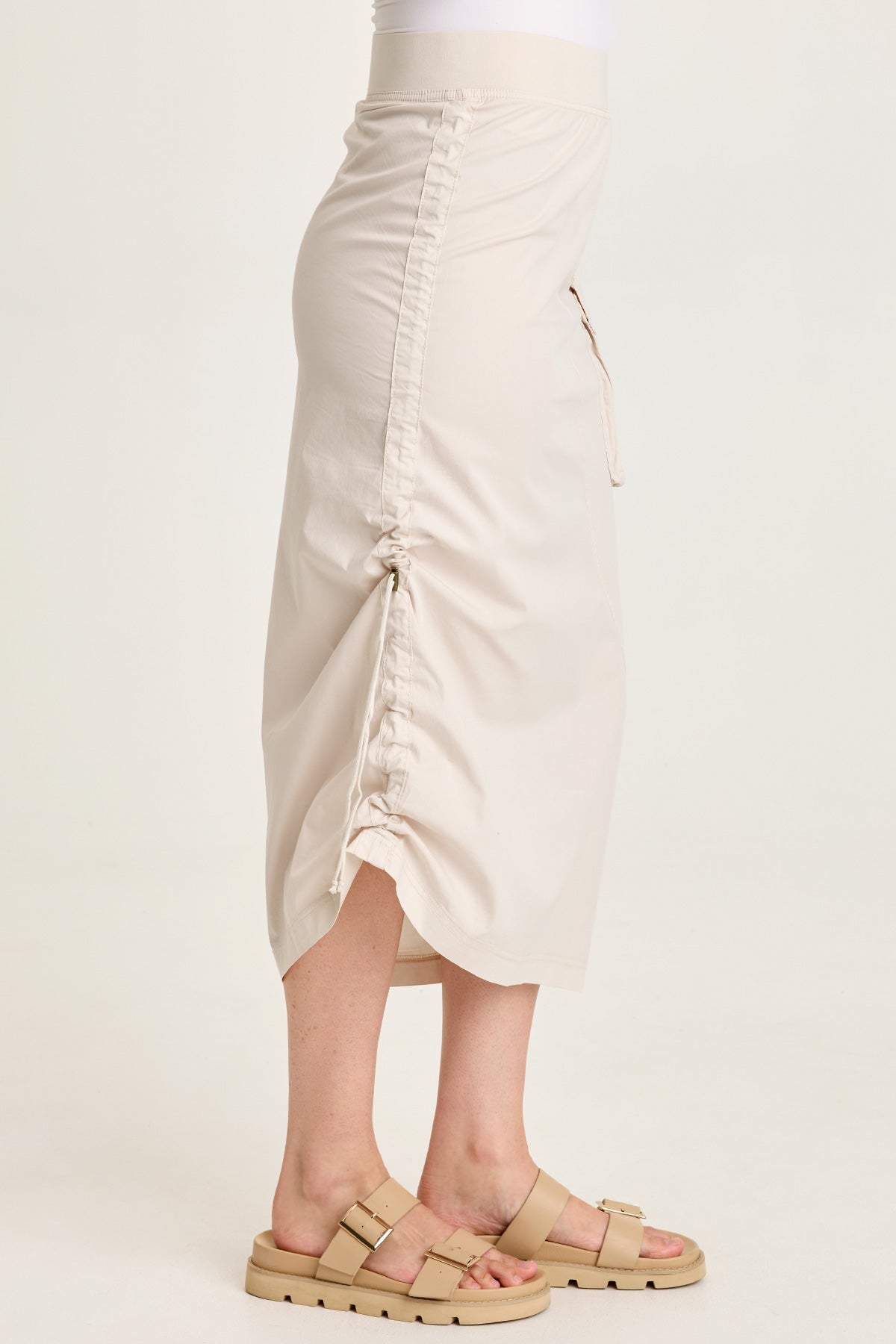 Bindi Poplin Asymmetrical Side-Cinch Pull-On Midi Skirt Sonic Silver - XCVI