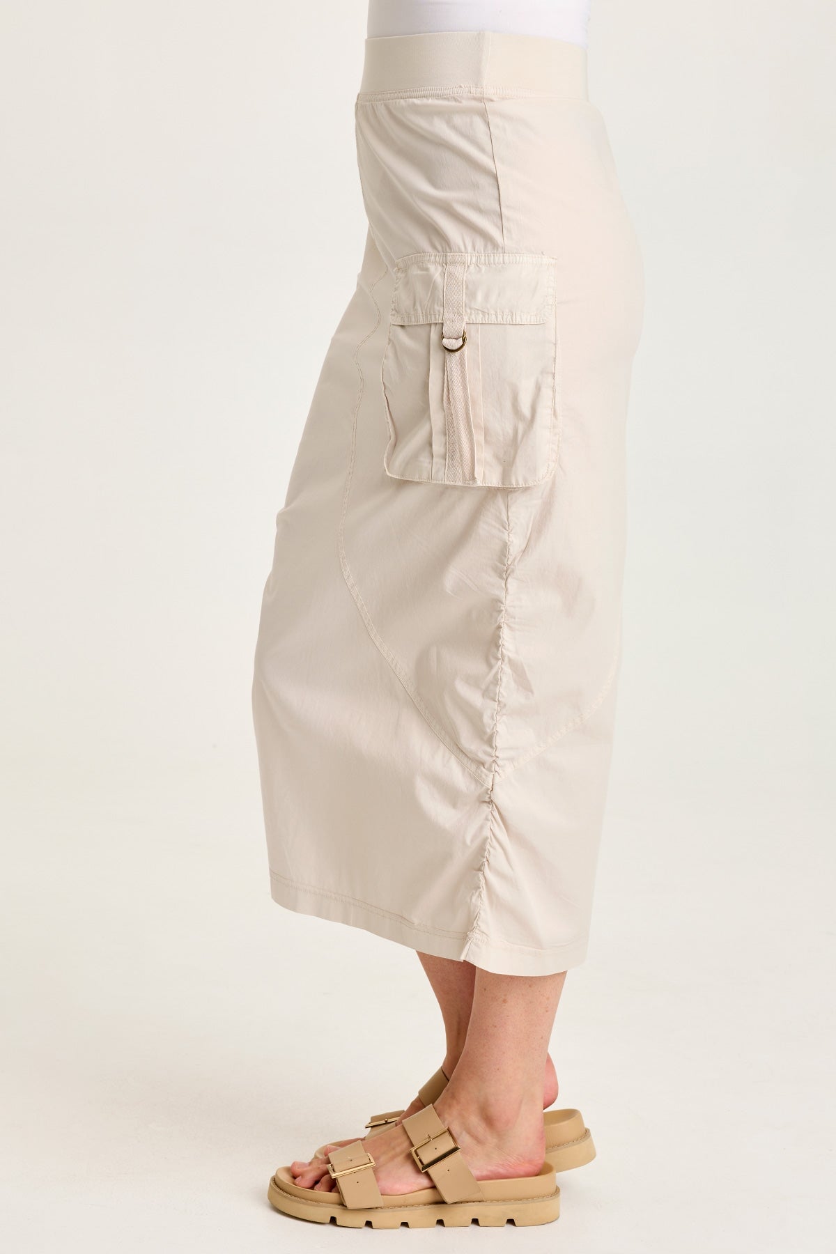 Bindi Poplin Asymmetrical Side-Cinch Pull-On Midi Skirt Sonic Silver - XCVI