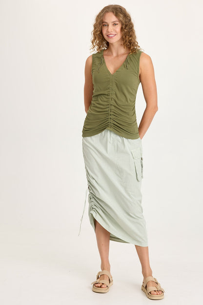 Bindi Poplin Asymmetrical Side-Cinch Pull-On Midi Skirt Tradewind Pigment - XCVI