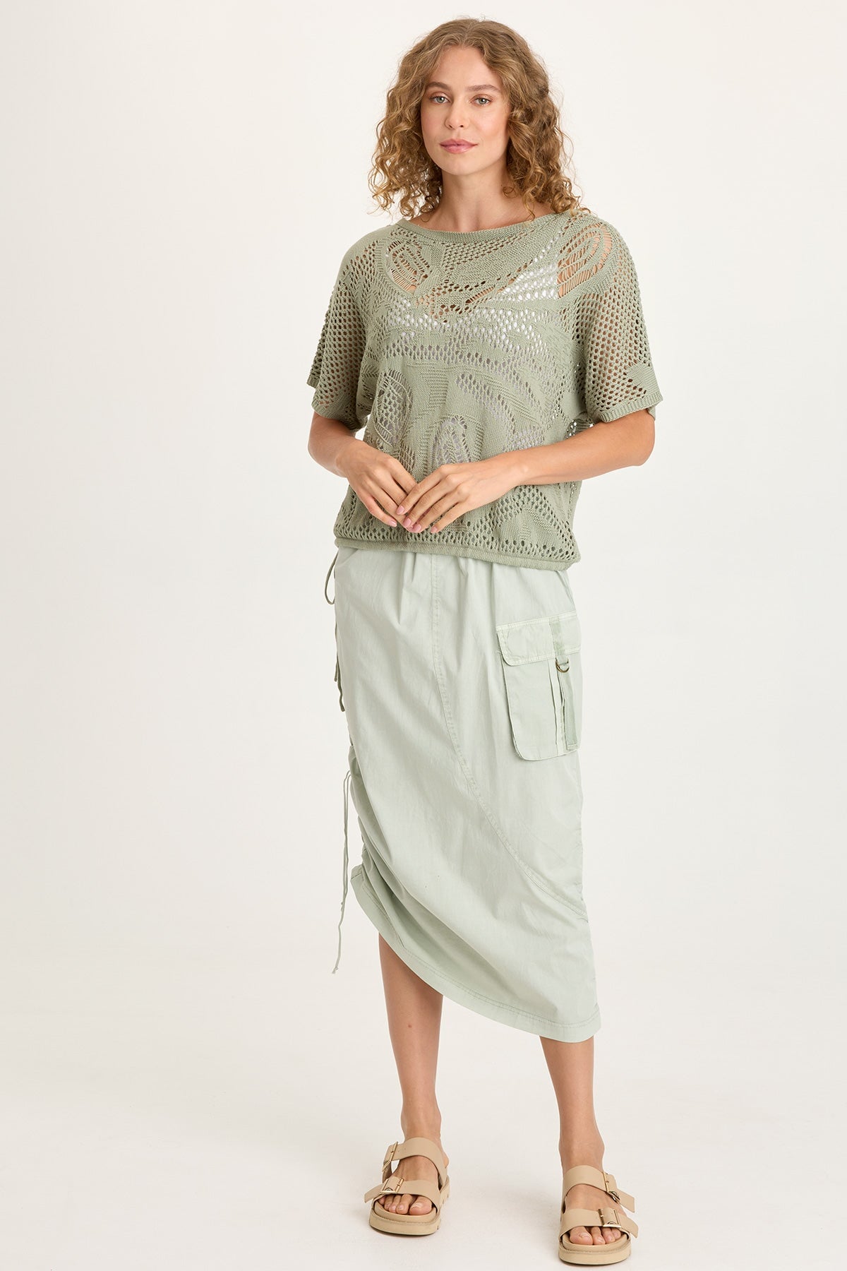 Bindi Poplin Asymmetrical Side-Cinch Pull-On Midi Skirt Tradewind Pigment - XCVI