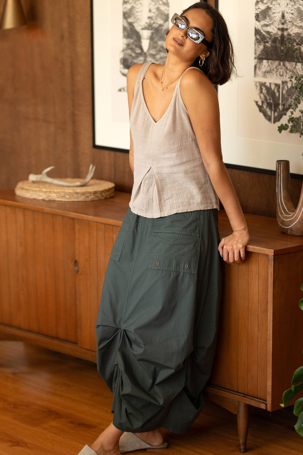Wearables Hedvig Stretch Poplin Pleated Bubble Hem Skirt Hawthorn Leaf - XCVI