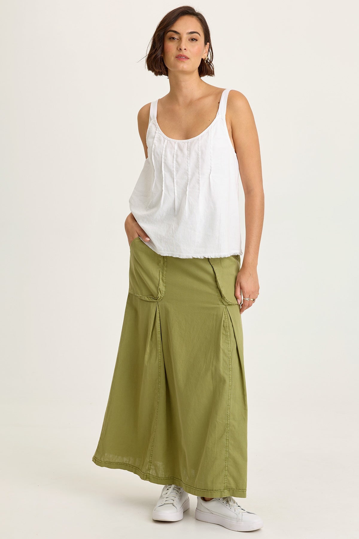 Wearables Emerie Cotton Linen Inverted Box Pleats Long Pull-On Skirt Garnish Pigment - XCVI