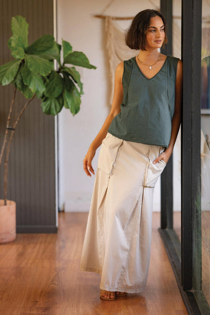 Wearables Emerie Cotton Linen Inverted Box Pleats Long Pull-On Skirt Clay Pot Pigment - XCVI