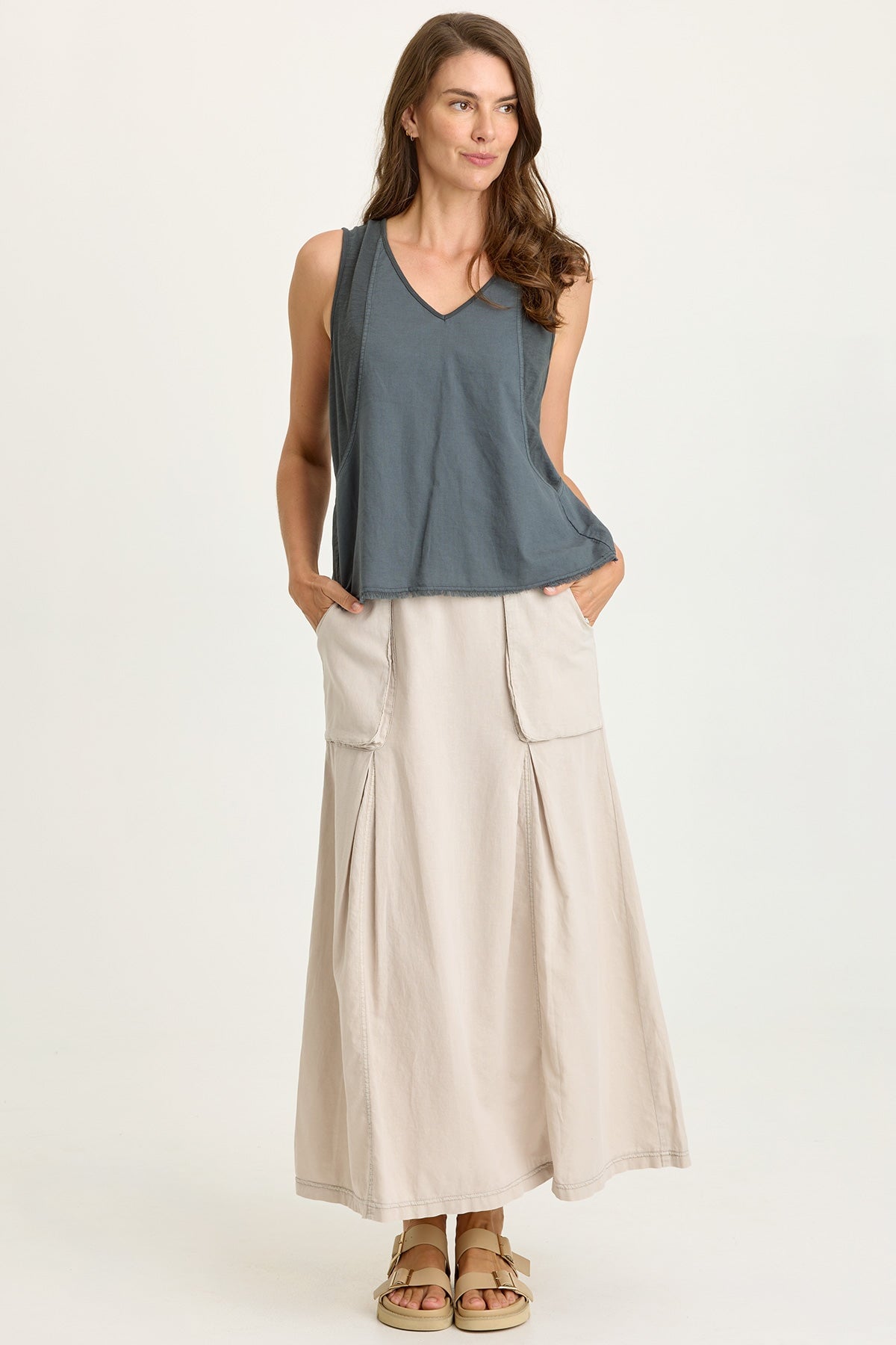 Wearables Emerie Cotton Linen Inverted Box Pleats Long Pull-On Skirt Clay Pot Pigment - XCVI