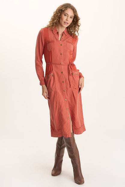 Oksana Twill/Jersey Snap-Up Midi Dress Papaver - XCVI