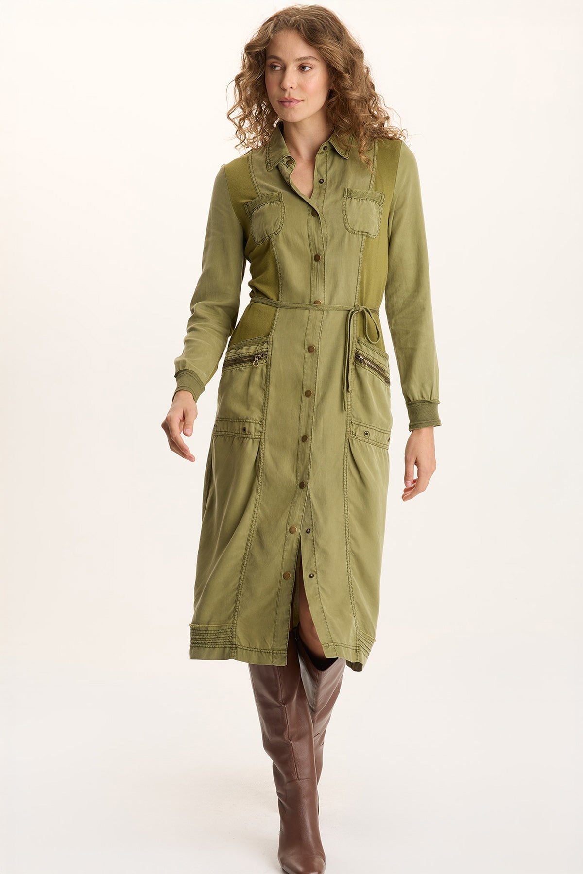 Oksana Twill/Jersey Snap-Up Midi Dress Thicket Pigment - XCVI