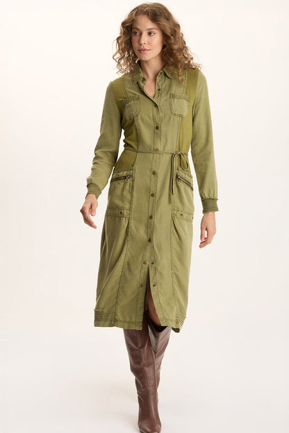 Oksana Twill/Jersey Snap-Up Midi Dress Thicket Pigment - XCVI