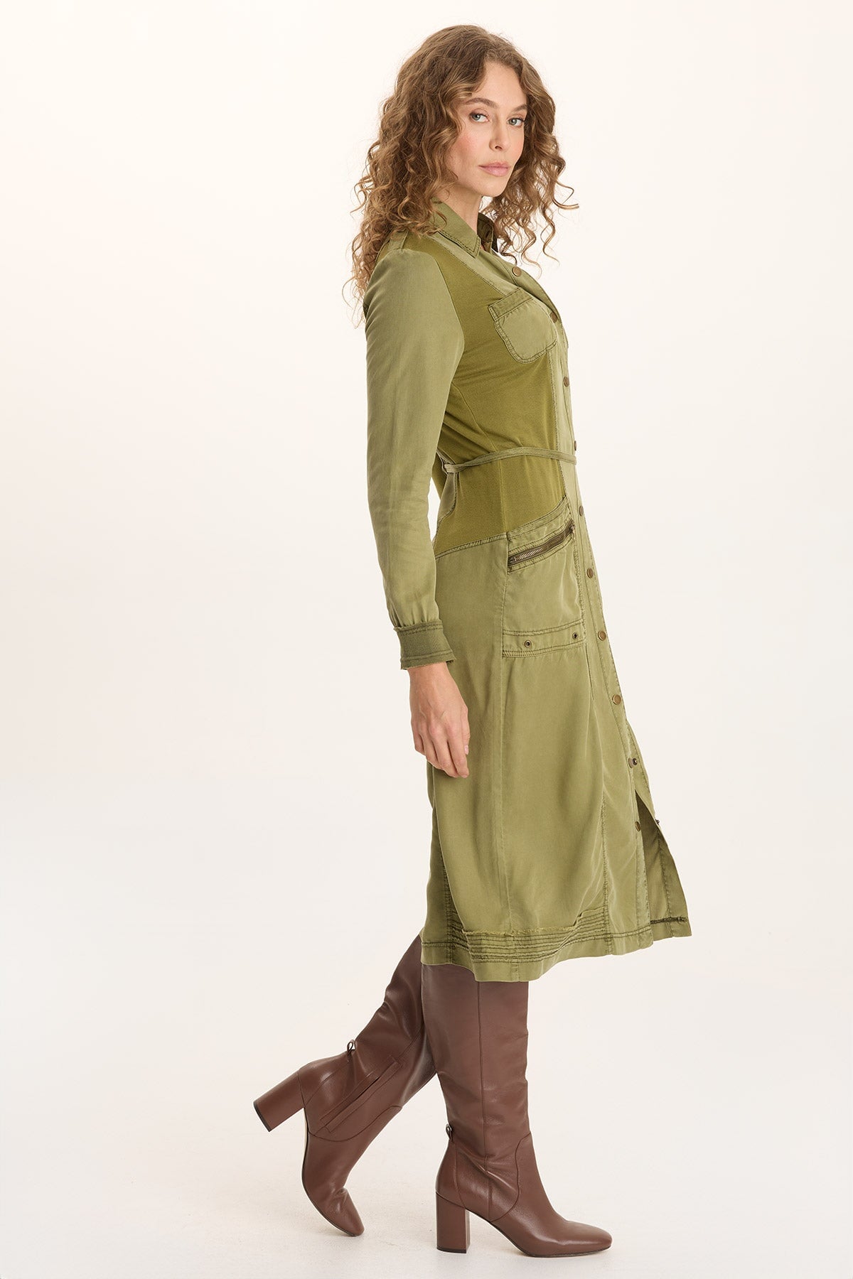 Oksana Twill/Jersey Snap-Up Midi Dress Thicket Pigment - XCVI