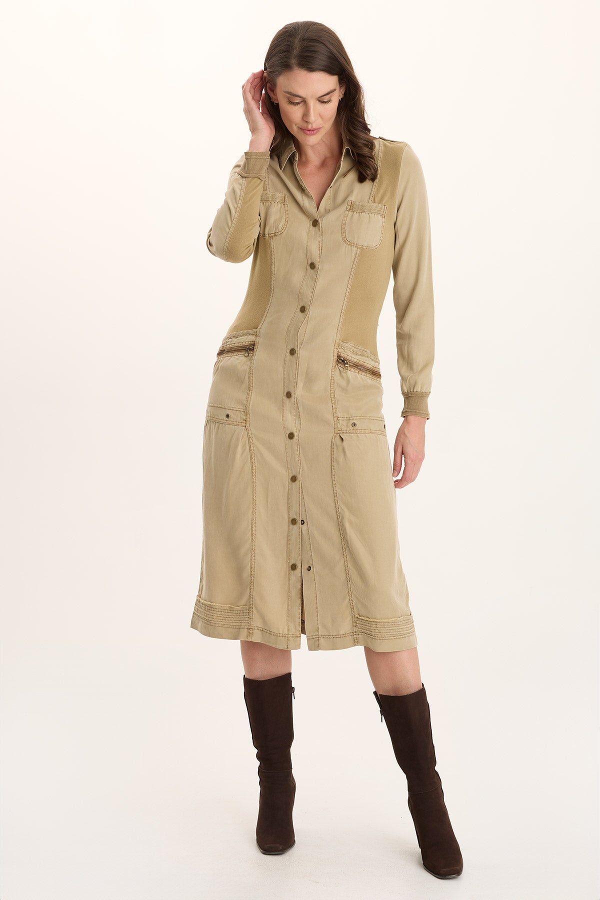Oksana Twill/Jersey Snap-Up Midi Dress Plateau Pigment - XCVI