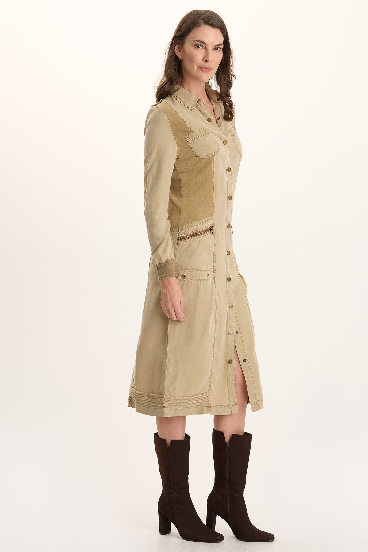 Oksana Twill/Jersey Snap-Up Midi Dress Plateau Pigment - XCVI