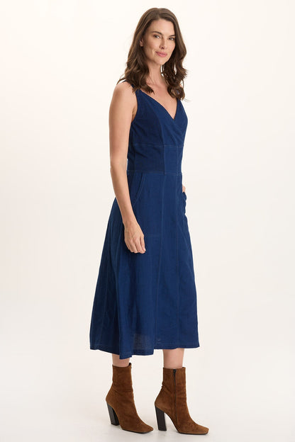 Lyall Mock-Denim Indigo Twill Midi Tank Dress Sluice Wash - XCVI
