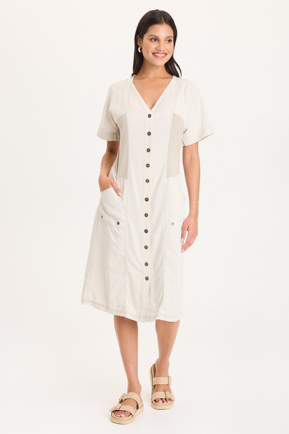 Addair Button-Up Short Sleeve Twill Dress with Rib Side Panels and Pockets Center Stage Pigment - XCVI