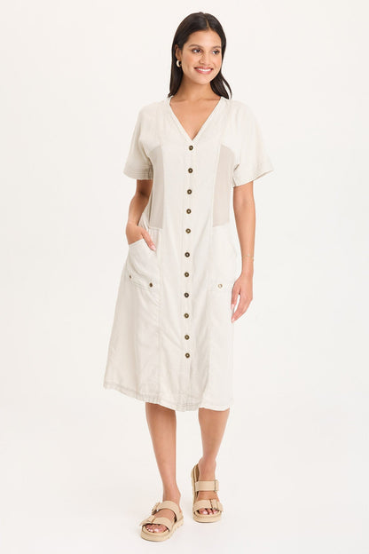 Addair Button-Up Short Sleeve Twill Dress with Rib Side Panels and Pockets Center Stage Pigment - XCVI
