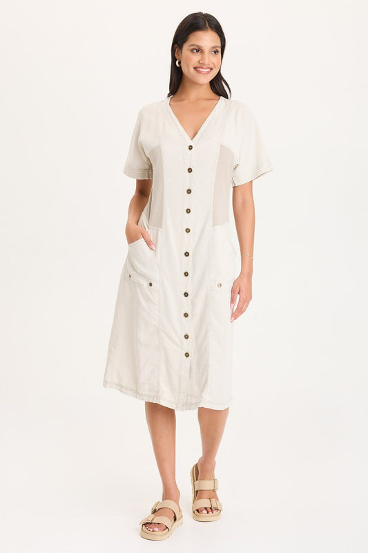 Addair Button-Up Short Sleeve Twill Dress with Rib Side Panels and Pockets Center Stage Pigment - XCVI