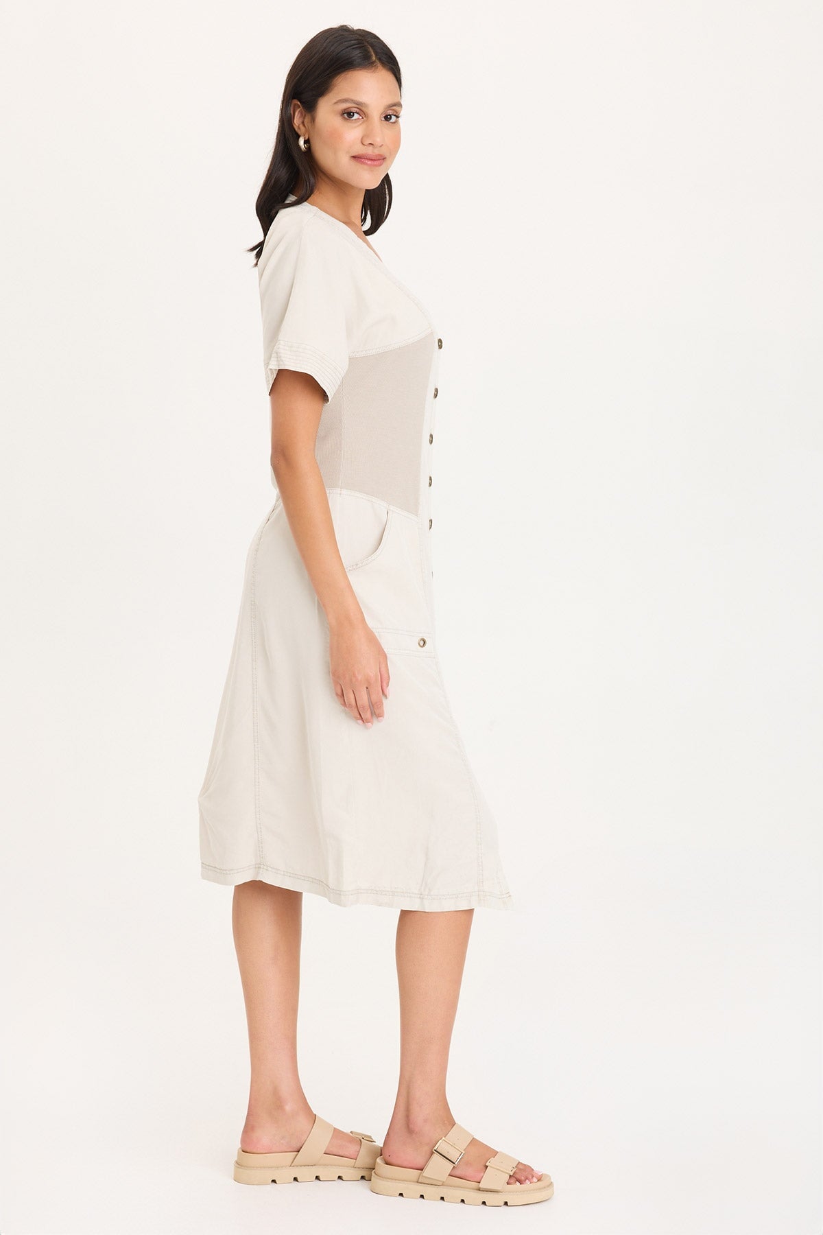 Addair Button-Up Short Sleeve Twill Dress with Rib Side Panels and Pockets Center Stage Pigment - XCVI