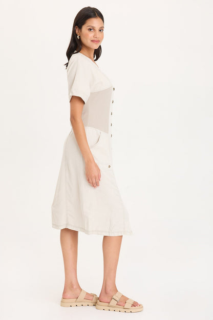 Addair Button-Up Short Sleeve Twill Dress with Rib Side Panels and Pockets Center Stage Pigment - XCVI